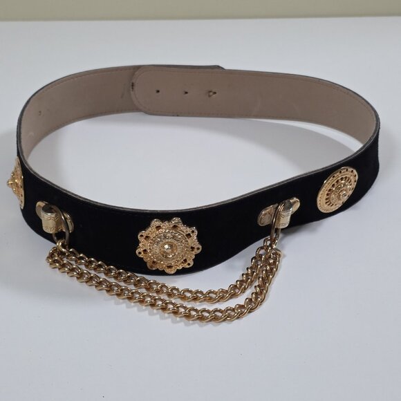 Kudos Vtg Medallion Embellished Belt Women Black Gold Whimsigoth Y2K 90s Fashion - Picture 1 of 11
